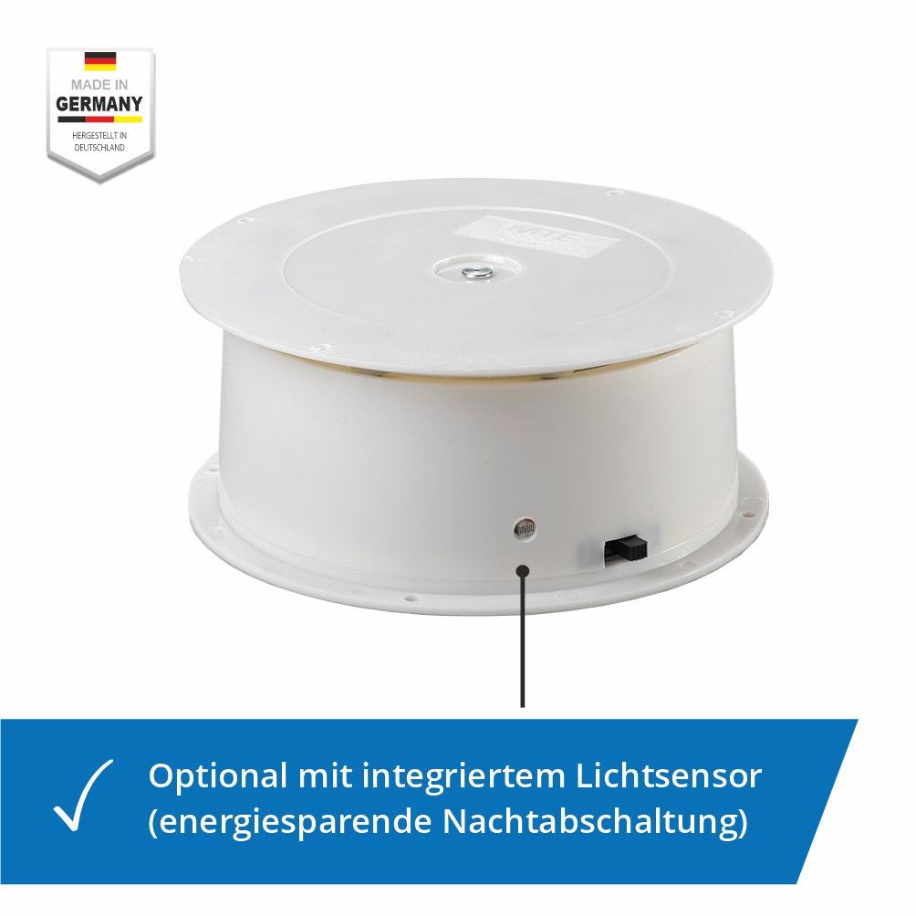Batteriebetriebene Drehbühne aus weißem Kunststoff für Produkte bis 4 kg, ideal für Präsentationen in Schaufenstern