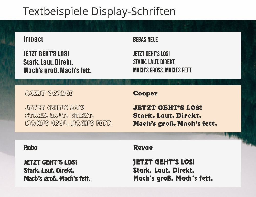 Beispiele von auffälligen Displayschriften für Marketing und Werbung, gestaltet für große Überschriften und plakative Botschaften