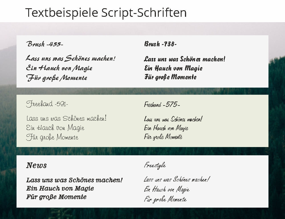 Beispiele von Script-Schriften für Marketing und Werbung, mit handschriftlichen, kalligrafischen Schriftzügen für einen persönlichen und eleganten Eindruck