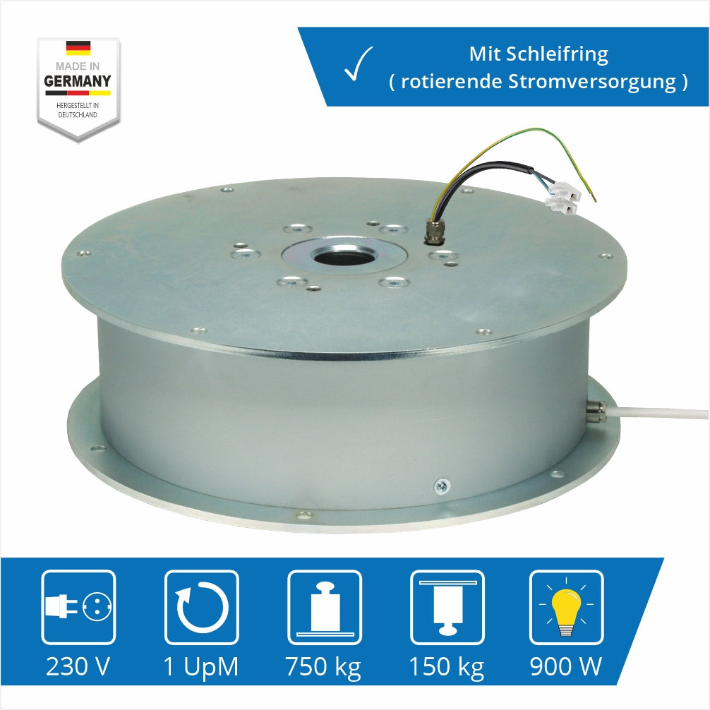 Für Exponat mit Strombedarf: Schleifring-Drehbühne bis 750 kg – leistungsstark & präzise.