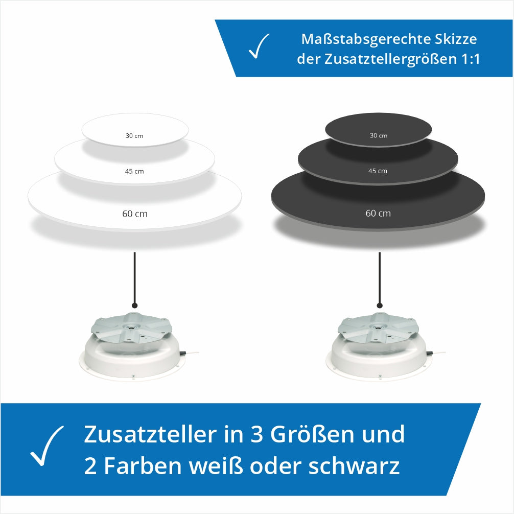 Ansicht der größeren runden Teller in weiß und schwarz