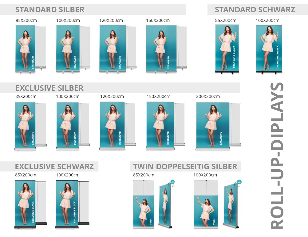 Kollektion Roll Up Displays in verschiedenen Farben silber und schwarz sowie in verschiedenen Größen