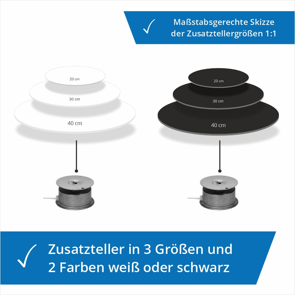 Ansicht der unterschiedlichen Größen von runden Aufsätzen für Drehbühne 10 Kilogramm