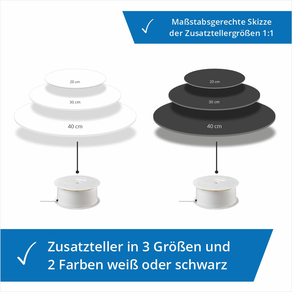 Maßstabsgerechte Darstellung der 5 kg Drehbühne – mit unterschiedlichen Größen der Zusatzteller