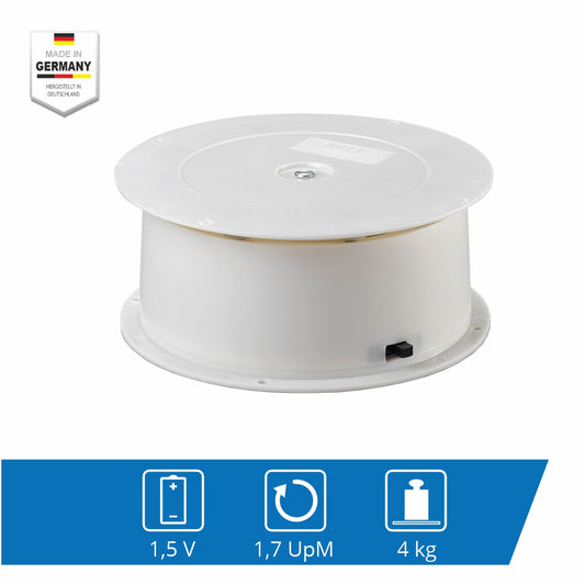 Kompakte Kunststoff-Drehbühne für Fotografen, batteriebetrieben und perfekt für gleichmäßige Produktrotation bis 4 kg