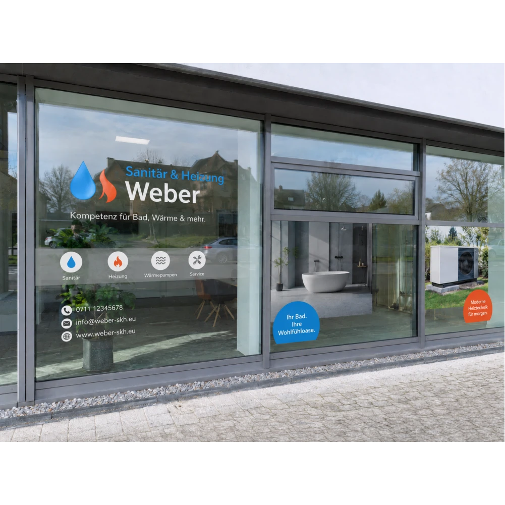 Fensterfront mit Folienschriften und Digitaldruck-Folierung, Firmenlogo, Kontaktdaten, Leistungsicons und Fotomotiven auf den Glasscheiben