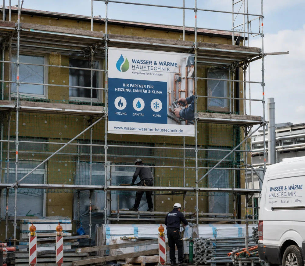 Gerüstplane für Gerüstbauer, Bauunternehmen und Handwerksbetriebe, passgenau im Gerüstfeld mit Hohlsaum oben und unten befestigt.