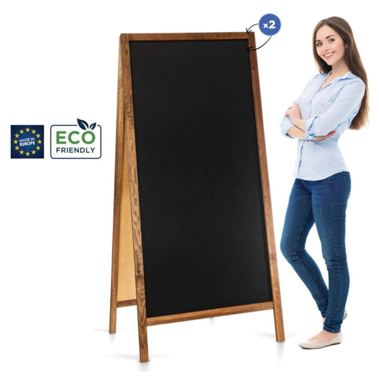XL Kundenstopper mit braunem Holzrahmen und Kreidefläche