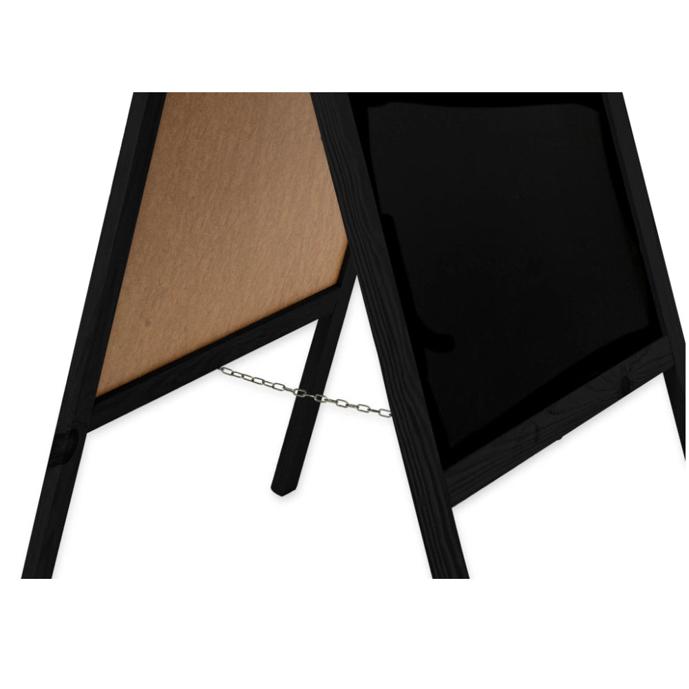 Kundenstopper Kreidetafel in schwarz, Größe M – Detailansicht der Füße und Kette