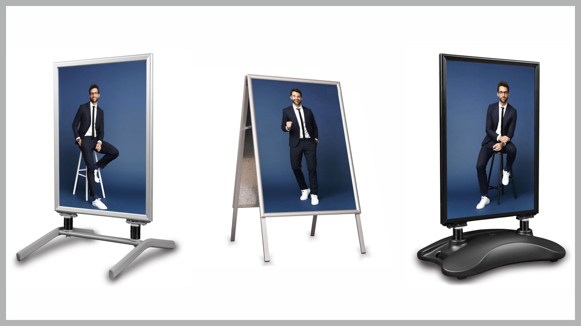 3 verschiedene Modelle von Kundenstopper oder Plakatständer in verschiedenen Größen und Farben