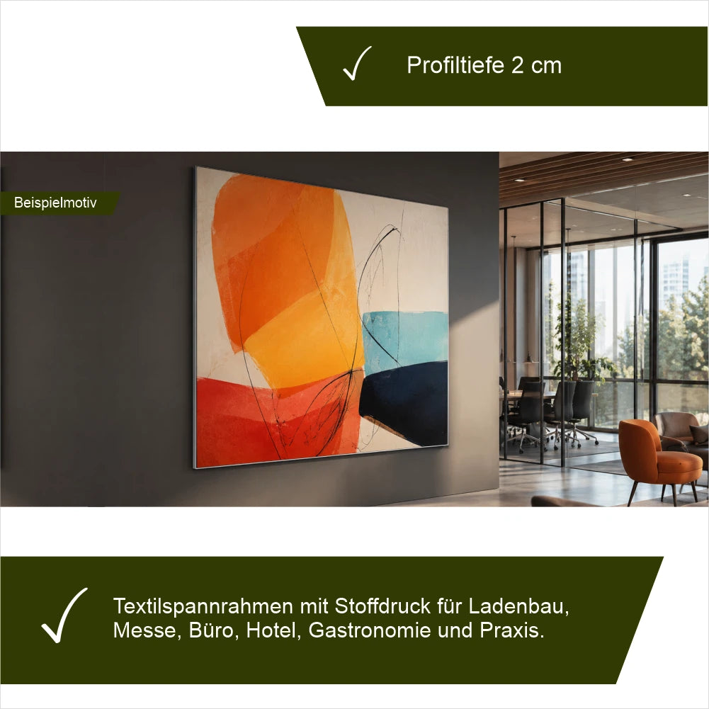 Flacher Stoffspannrahmen aus Aluminium als dekoratives Wandbild im Empfangsbereich
