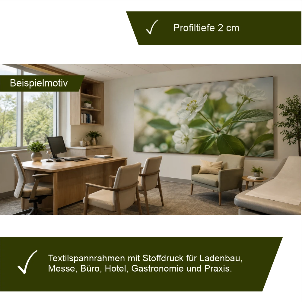 Großformatiger Textilspannrahmen als Wandbild in moderner Arztpraxis