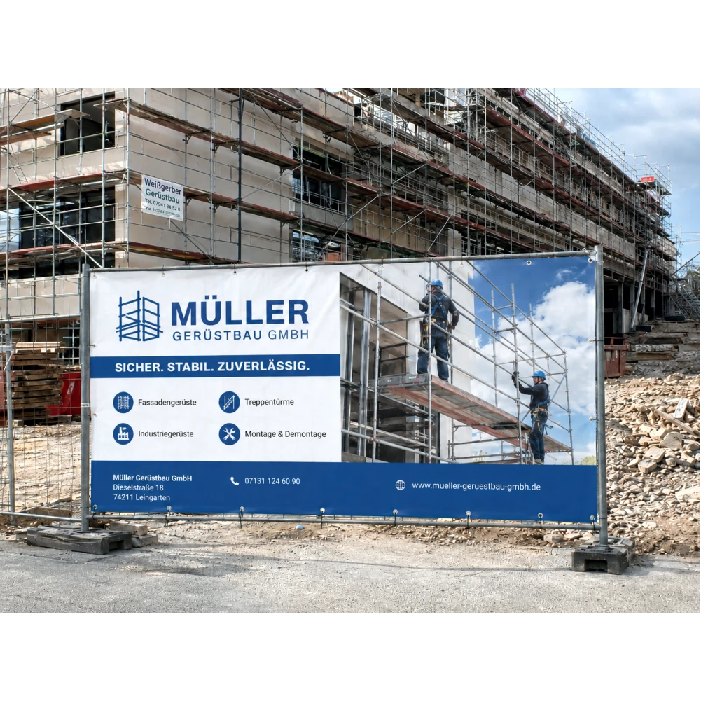 Bauzaunbanner mit Ösen auf einer Baustelle vor eingerüstetem Gebäude mit Werbedruck in Minden