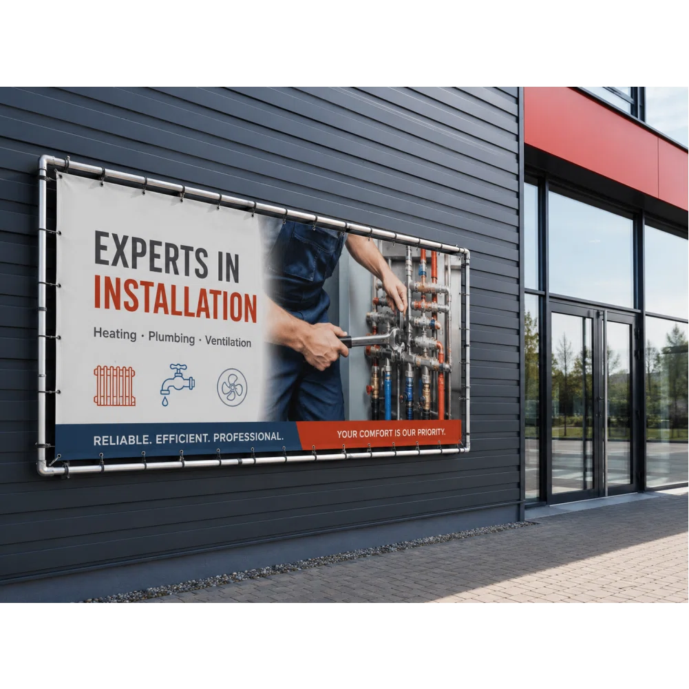 Werbebanner im stabilen Rohrrahmen vor einem Handwerksbetrieb als preiswerte und wetterfeste Außenwerbung in individueller Größe.